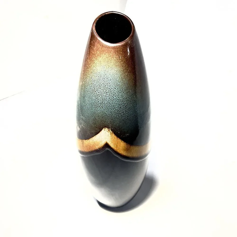 MCM Asymmetric Reactive Drip-Glazed Ceramic Pottery Vase 3-tiered Gradient 14”